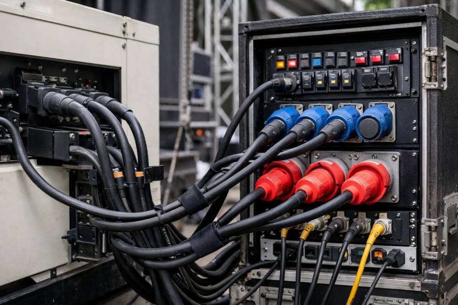 Sistem distribusi daya genset dengan kabel management rapi untuk event di Bekasi