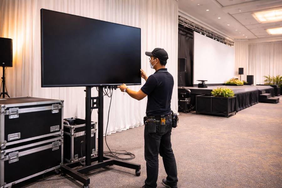 Instalasi LED TV dengan kabel management rapi untuk event formal di Bekasi